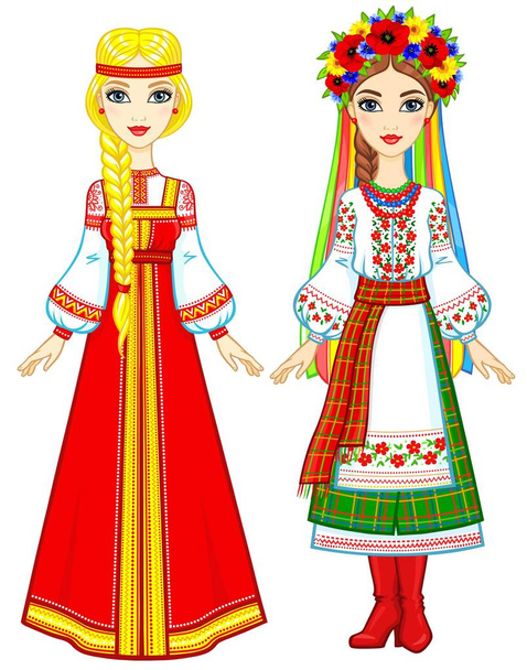Slavic people. Animation portrait of the Russian and Ukrainian woman in traditional clothes. Eastern Europe.  Fairy tale character. Full growth. Vector illustration isolated on a white background. - Διάνυσμα, εικόνα