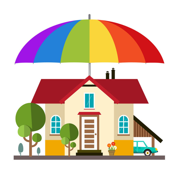 Rodinný dům s velkým Barevný deštník - slunečník. Ochrana a bezpečnost Symbol pro pojišťovací agentury. Vektor. - Vektor, obrázek