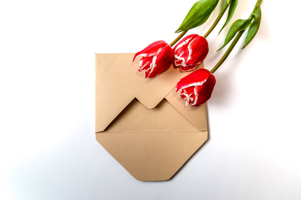 a bouquet of three red tulips lies in an envelope - Photo, Image