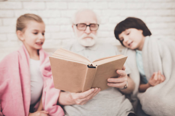 Grandpa reading book with children at home - Foto, immagini