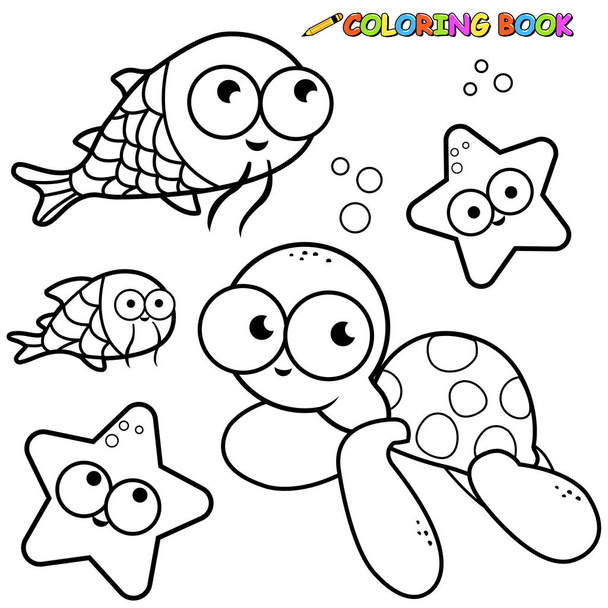 Sea animals collection. Coloring book page - Vetor, Imagem