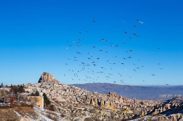 Uchisar in Cappadocia with pigeons - 写真・画像