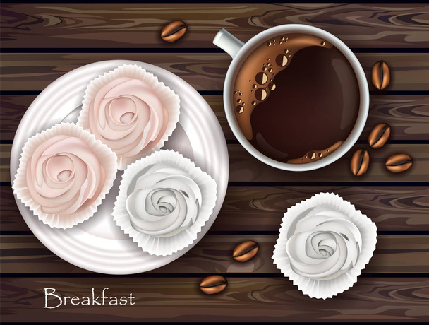 Sweet meringues and coffee Vector. Realistic 3d illustration. Top views - Vektor, kép