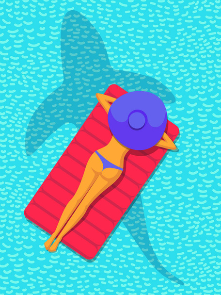 κορίτσι στο μπανιερό βρίσκεται στο στρώμα στη θάλασσα με σιλουέτα του καρχαρία - Διάνυσμα, εικόνα