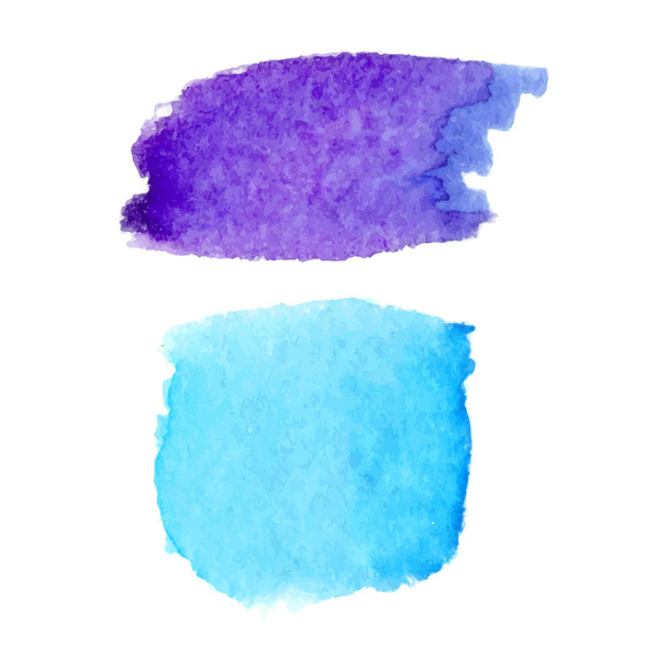 Set of abstract stains. Blue and purple colors. Bright creative backdrop. Watercolor texture with brush strokes. Spots isolated in white background. Trendy colorful design. Hand painted. Vector EPS. - Vetor, Imagem