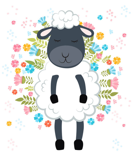 Vector cartoon sketch sheepillustration with flowers - Διάνυσμα, εικόνα