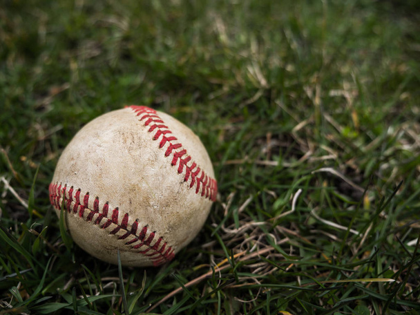Cerrar imagen de fondo deportivo de una vieja bola de béisbol de cuero envejecido usado que yace en el campo de hierba afuera mostrando detalles intrincados y cordones rojos
. - Foto, Imagen