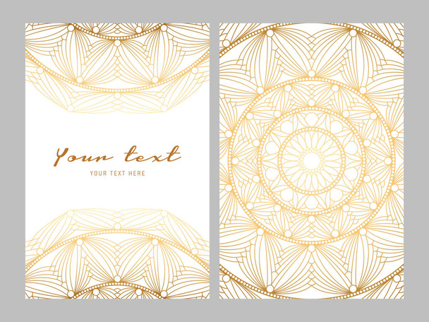 Greeting card golden ethnic patterns on white background - Vetor, Imagem