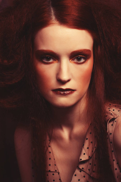 close up portrait redhair woman with bright creative make up - Foto, Bild