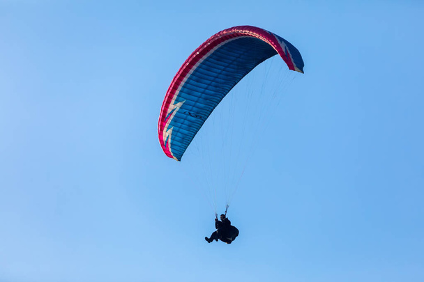 Paragliders fly against blue sky - Фото, изображение