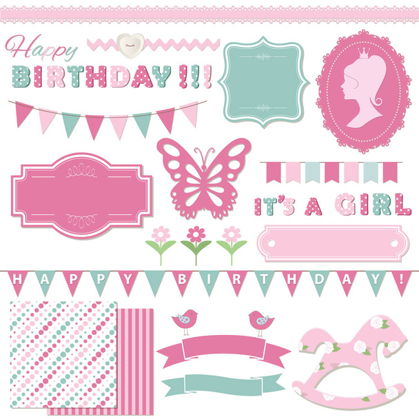Birthday and girl baby shower design elements. - Vektori, kuva