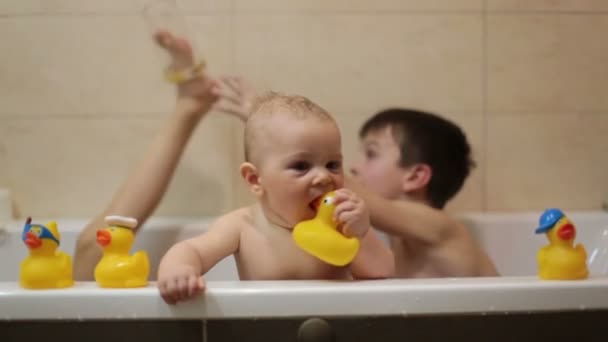 Little baby boy, playing with rubber ducks in bathtube with his siblings - Video