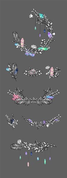 Hand drawn vector floral frame with leaves, flowers, feathers and gems. Sketch style. Borders. Ink illustration frame. Linear art. - Vector, Image