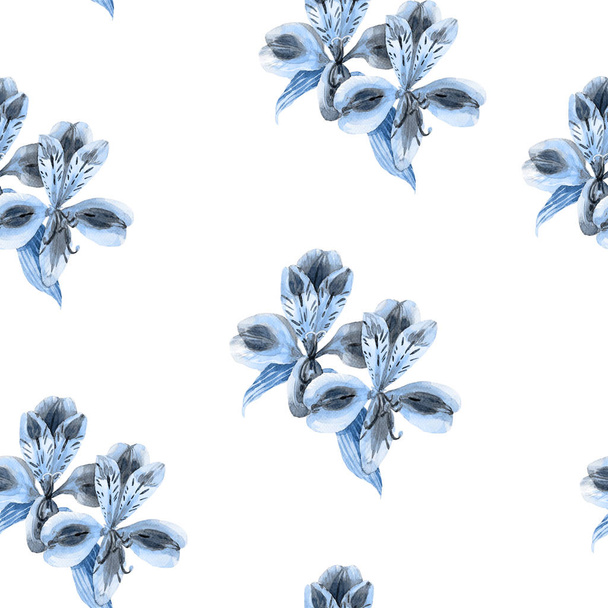 Seamless pattern of Alstroemeria painted in watercolor. - Photo, Image