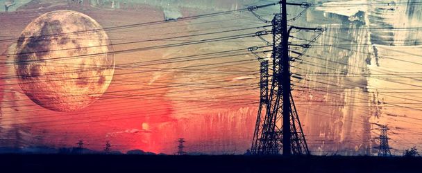 Paysage avec lignes électriques au lever du soleil
 - Photo, image