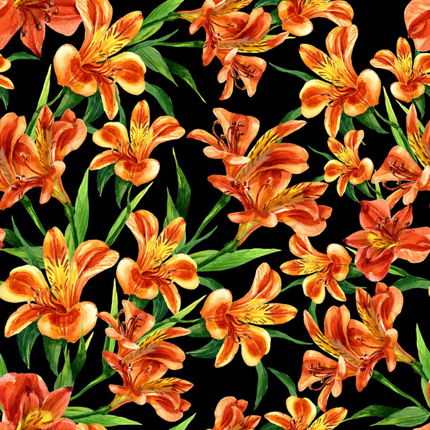 Seamless pattern of Alstroemeria painted in watercolor. - Фото, зображення
