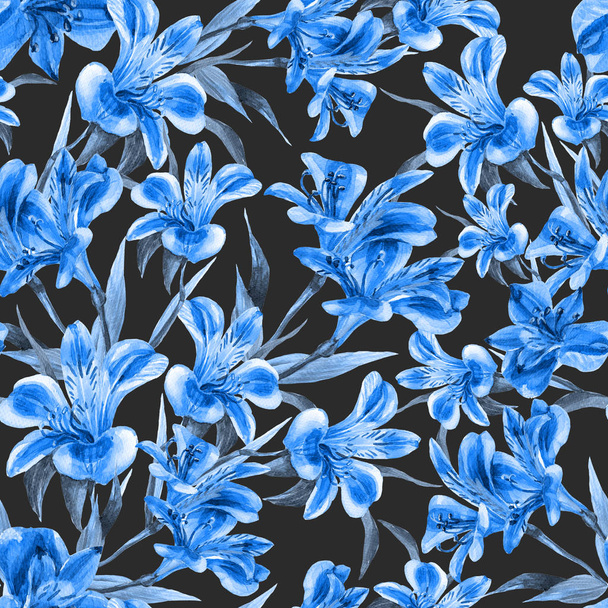 Seamless pattern of Alstroemeria painted in watercolor. - Фото, изображение