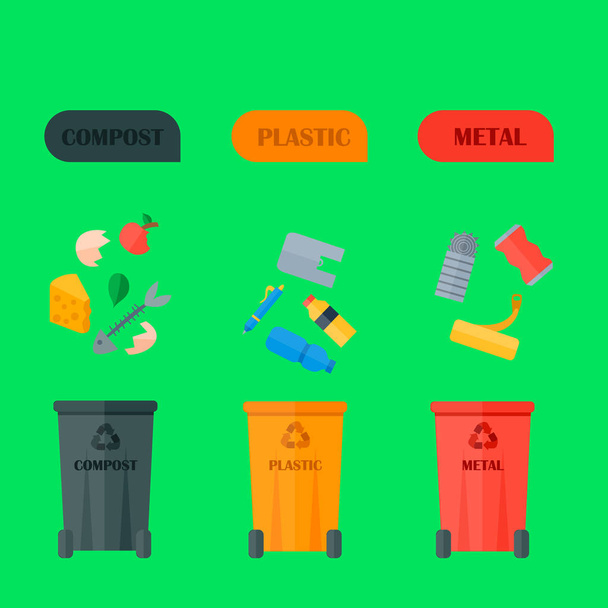 Diferentes tipos de reciclaje de basura clasificación de procesamiento, tratamiento de rehacer basura utilizar iconos vector ilustración
. - Vector, Imagen