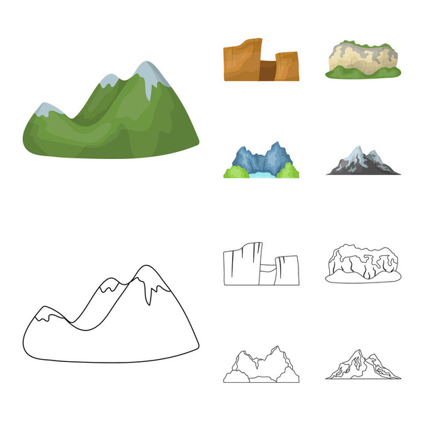 Green mountains with snow tops, a canyon, rocks with forests, a lagoon and rocks. Different mountains set collection icons in cartoon,outline style vector symbol stock illustration web. - Вектор,изображение