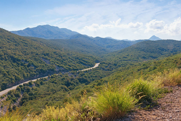路の夏の山の風景。ディナル ・ アルプス山脈、モンテネグロ - 写真・画像