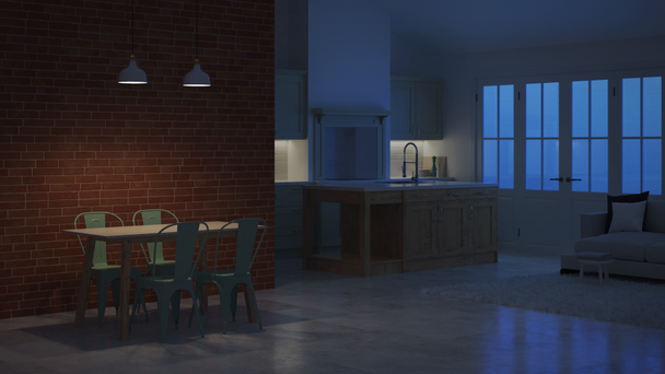 Modern interior of a country house. Night. Evening lighting. Timelapse. 3D rendering. - Footage, Video