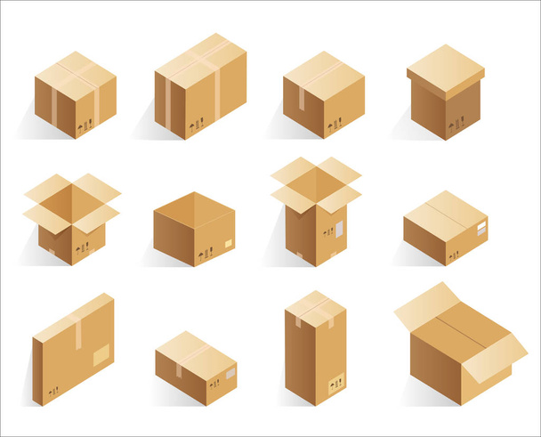 Izometrikus reális karton szállítási dobozok. Nyitott, zárt logisztikai doboz. - Vektor, kép