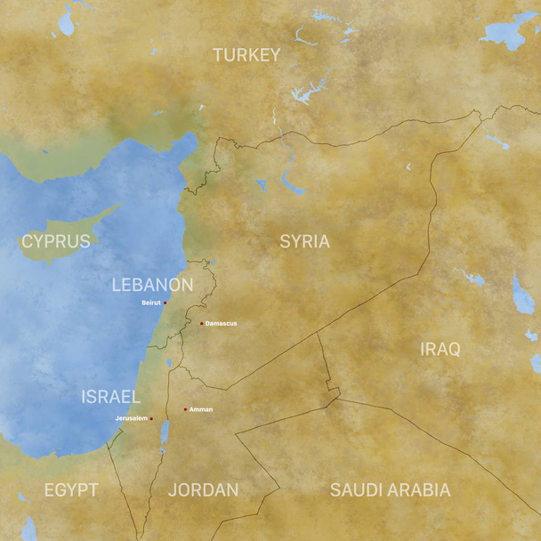 Mapa Sýrie a hranice, fyzická mapa Blízkého východu, Arabský poloostrov, mapa s reliéfy a hory a Středozemní moře. Mapa na pergamenu. Ručně tažené mapa - Fotografie, Obrázek