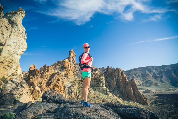 Woman hiker reached mountain top, backpacker adventure - Foto, imagen