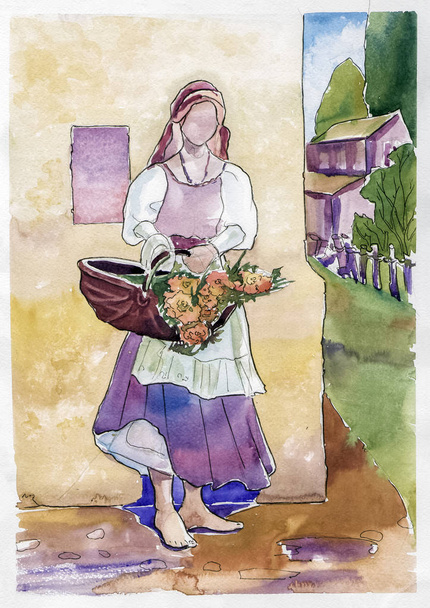 La niña de la flor Acuarela pintura
 - Foto, imagen