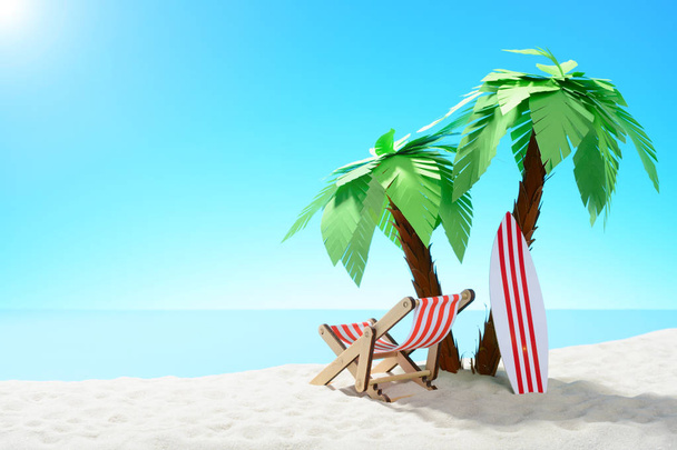El concepto de vacaciones de verano. Hermosa vista de la costa arenosa con palmeras y accesorios de vacaciones
 - Foto, imagen