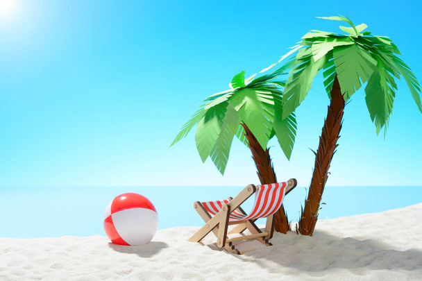 Espreguiçadeira e bola de praia sob uma palmeira na costa arenosa. Céu com espaço de cópia
 - Foto, Imagem