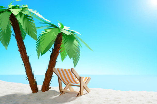 Chaise longue sous un palmier sur la côte sablonneuse. Ciel avec espace de copie
 - Photo, image