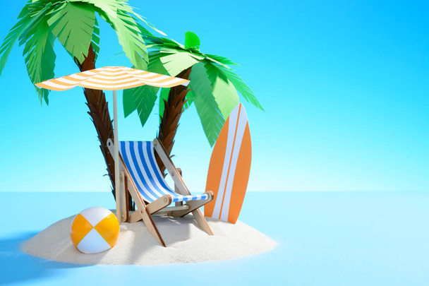 Paradise island in the ocean. Sun lounger, surfboard and ball under palm trees on the sand. - Fotó, kép