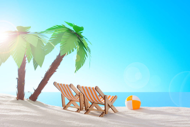 Tropikal natürmort. Palmiye ağaçları ile kumlu sahilde şafak. Şezlong ve plaj topu - Fotoğraf, Görsel