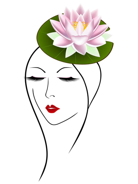 The face of a girl with a leaf and a lotus flower on her head. - Vector, Image