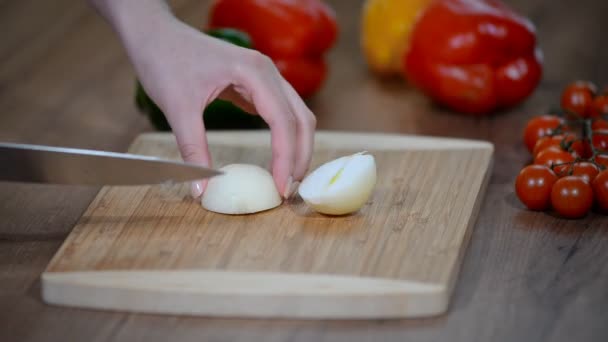 Chef cutting up an onion with a knife - Záběry, video