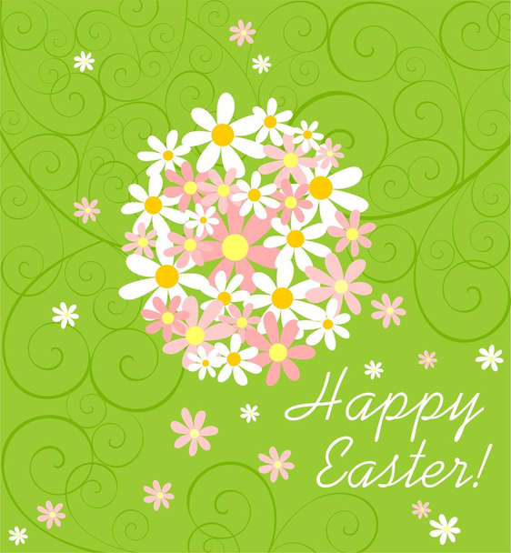 Green easter greeting card with pink and white daisy bouquet with egg shape - Wektor, obraz