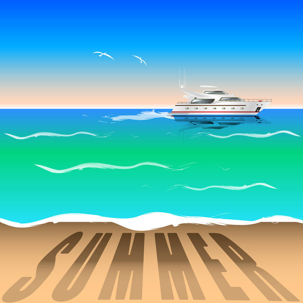 Лазурное море, голубое небо, белая яхта, птицы, песок, лето
 - Вектор,изображение