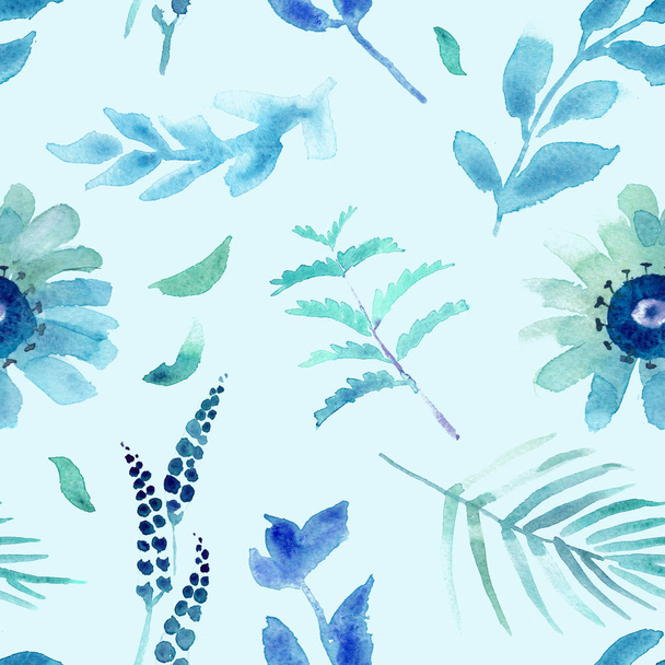 Spring flowers seamless blue botanical pattern.Fresh spring watercolor floral seamless pattern for wedding cards, seamless pattern background of websites and mobile app and organic food sign and banners. - Foto, afbeelding