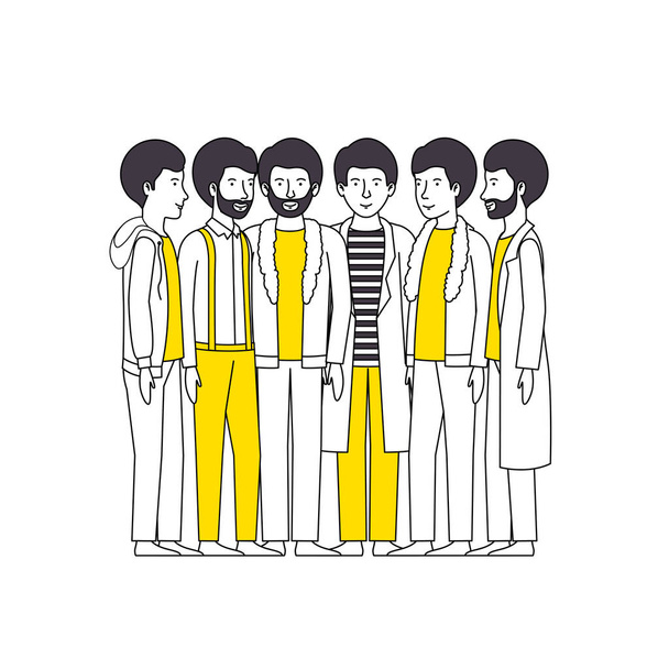 group of men with yellow clothes - Vector, Image
