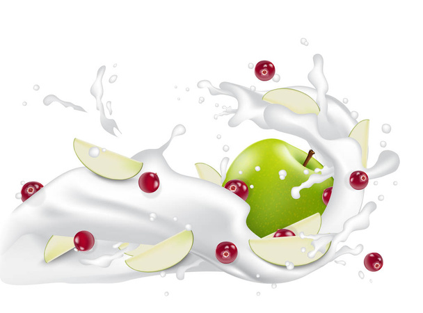 Yogurt milk with red berries and apple slices. Flowing 3d milk s - Vector, Image