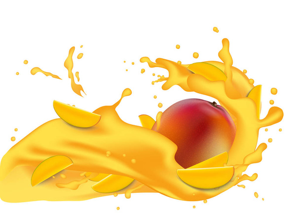 Gele sinaasappelsap 3d illustratie met plakjes van mango, perzik, - Vector, afbeelding