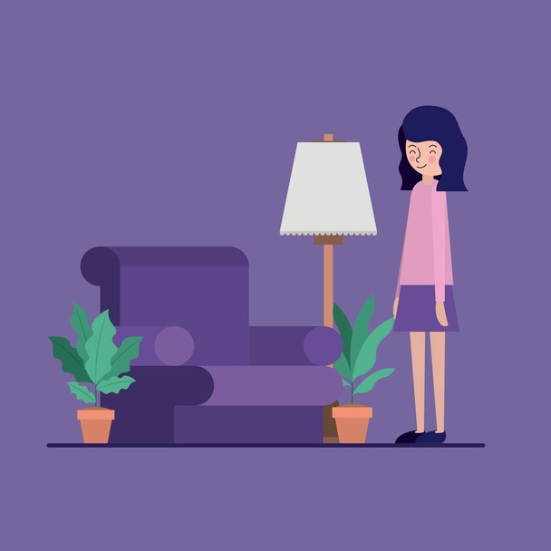 Frau im Wohnzimmer mit Zimmerpflanzen und Lampe - Vektor, Bild