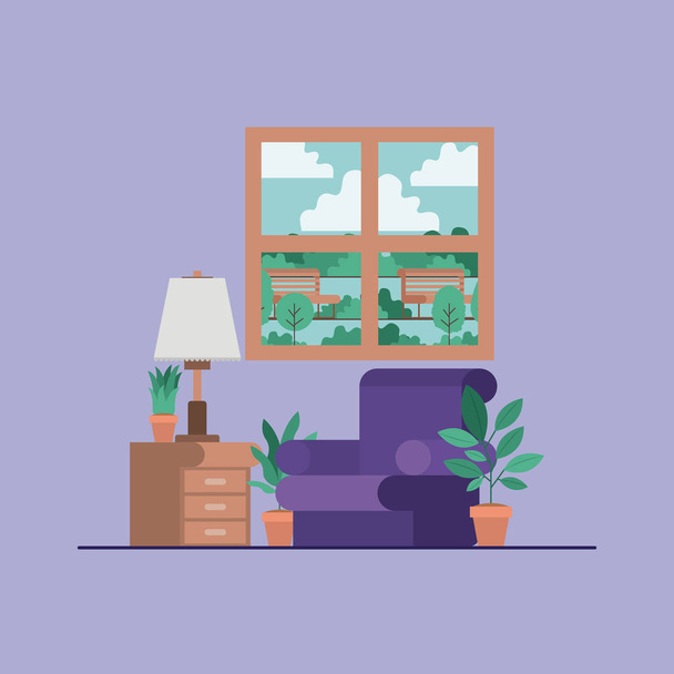 living room with houseplants and lamp - Vector, Image
