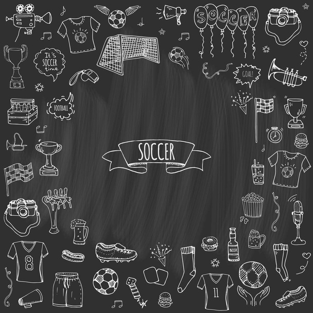 Векторная иллюстрация Векторная иллюстрация Мультфильм типичные футбольные элементы коллекция Футбольный мяч, бутсы, цель, трофей, свисток, перчатки, сапоги изолированы
 - Вектор,изображение