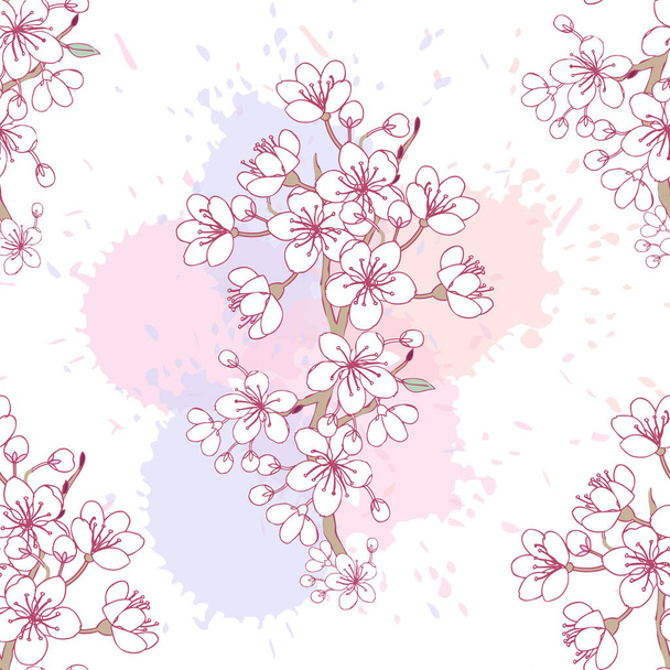 Seamless pattern  with sakura. Hand drawn spring blossom trees. - Vector, imagen