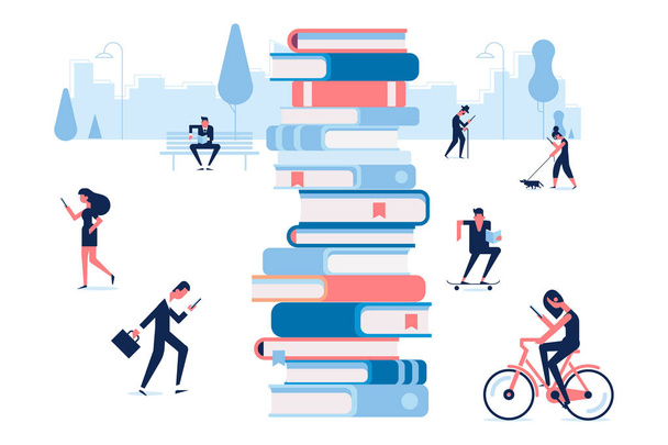 Different people walking in the park and reading books. Flat vector illustration. - Vector, Image