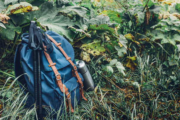 Hipster Blue Backpack, Thermos And Trekking Poles Closeup. Tourist Traveler Bag Green Background. Adventure Hiking Concept - Photo, Image
