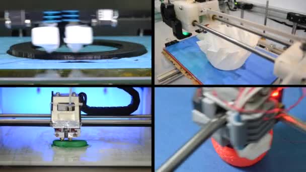 Muchos objetos impresos por impresora 3D. Pantalla dividida multicam
 - Metraje, vídeo