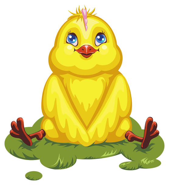 Impresión. Ilustración vectorial del pollo. Personaje de dibujos animados alegre chica amarilla. Ilustración de Pascua
. - Vector, imagen